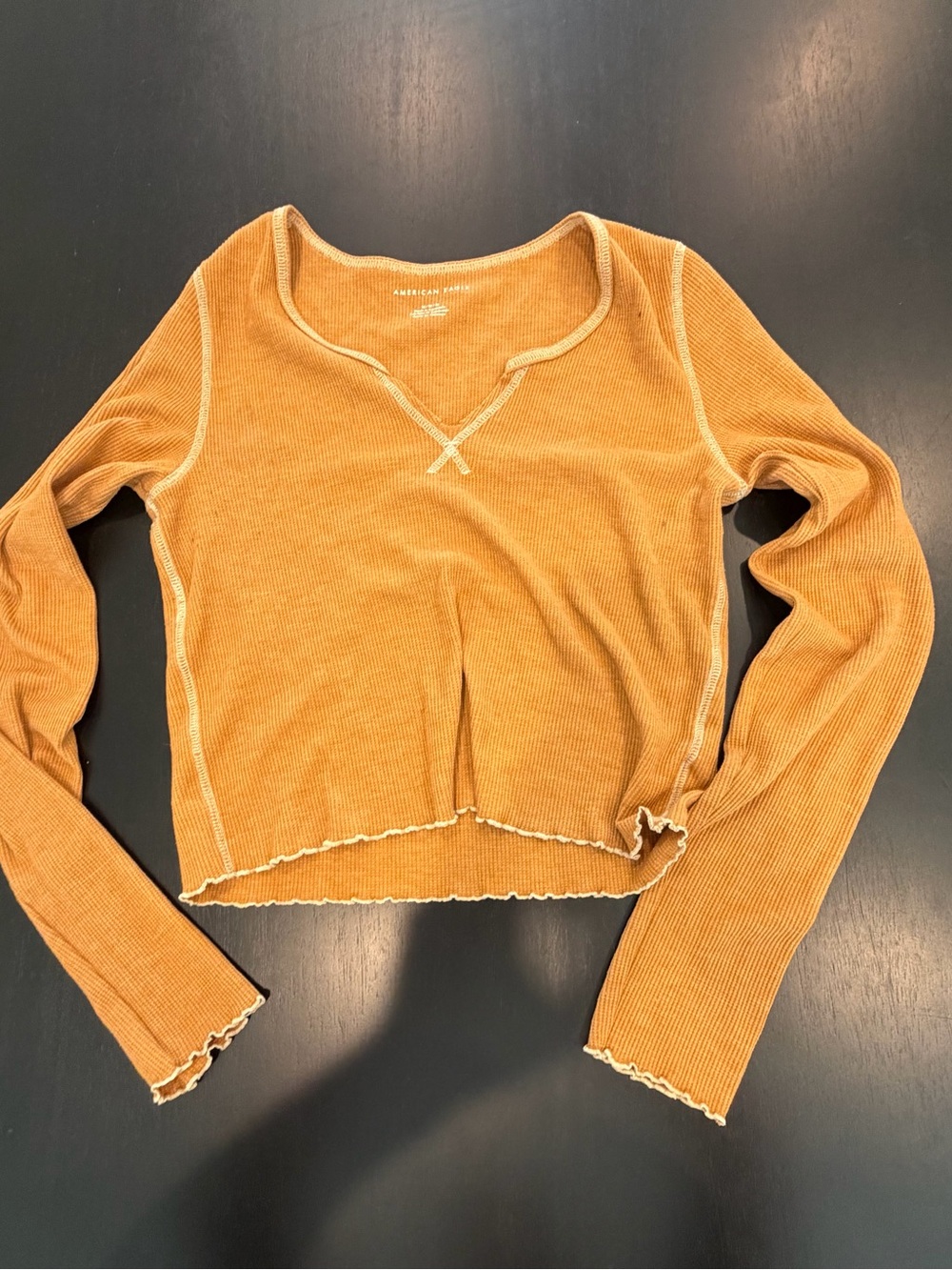 American Eagle Outfitters Mustard Ribbed Lettuce-Edge Crop Top